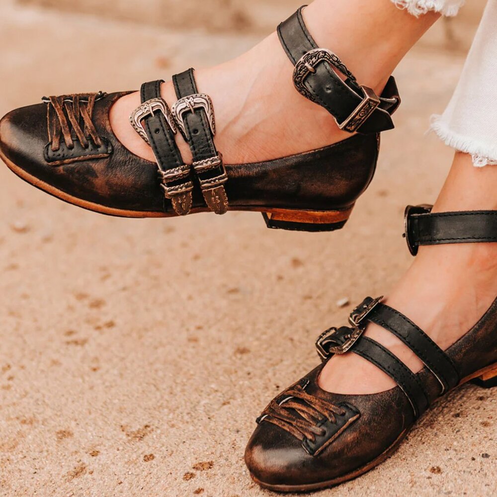 Freebird Black Leather Loafers with Double Buckle Straps